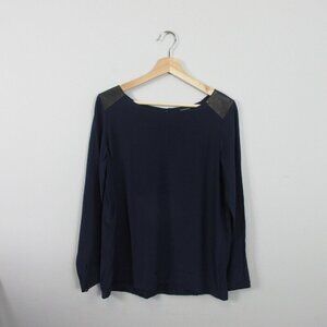 Club Monaco Natalia Silk Leather Blouse Women M Navy Open Back Elegant Luxury 85